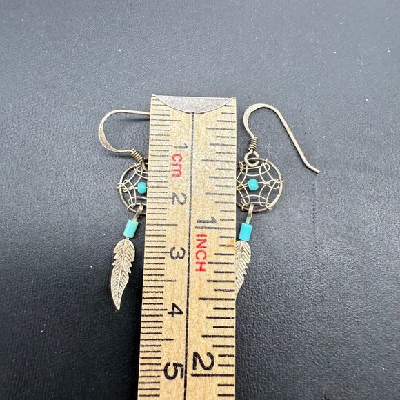 925 Sterling Silver Blue Beaded Feather Dream Catcher Dangle Drop Earrings - Picture 4 of 4